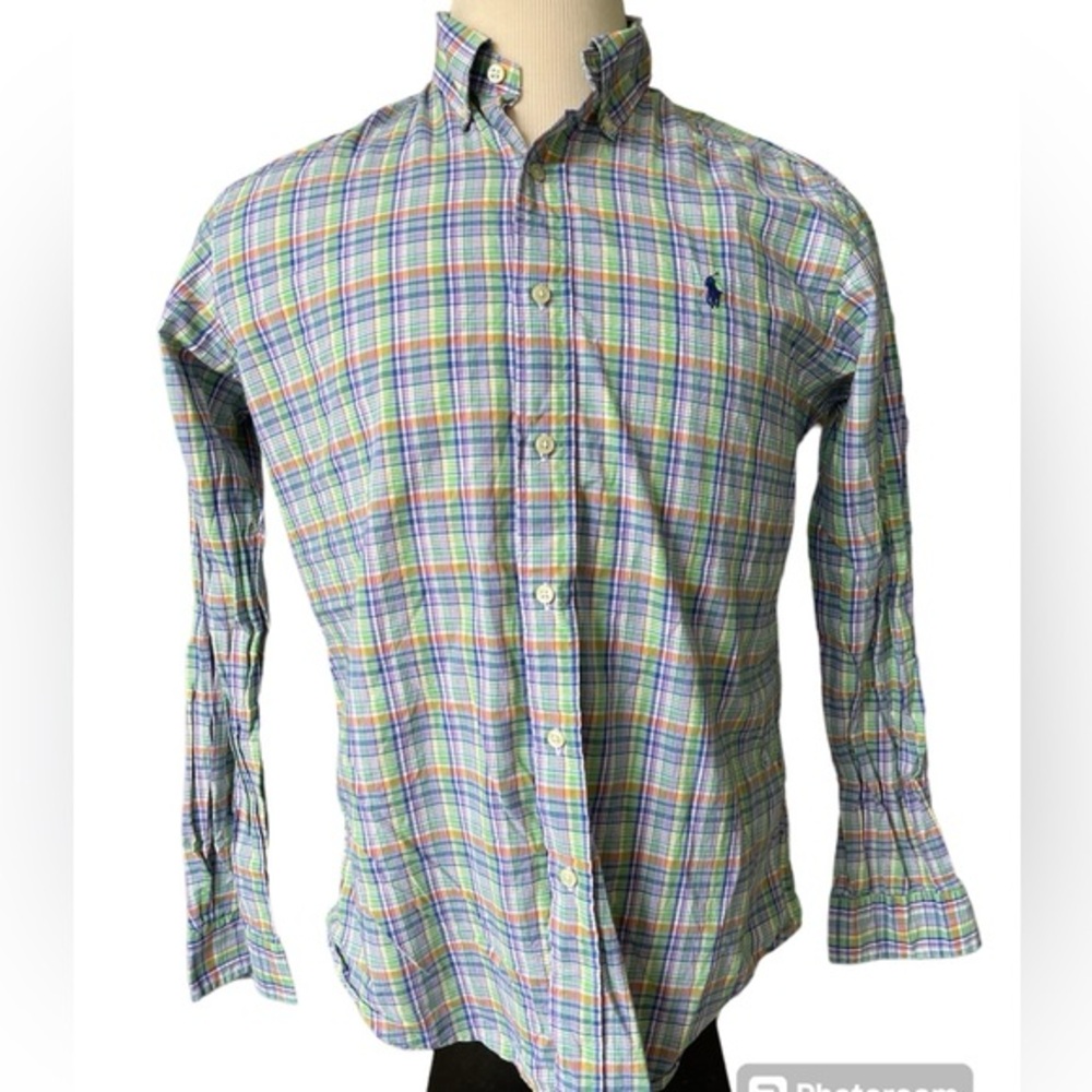 RALPH LAUREN POLO Classic Fit Pony Preppy Plaid Button Down Green Orange‎ Medium